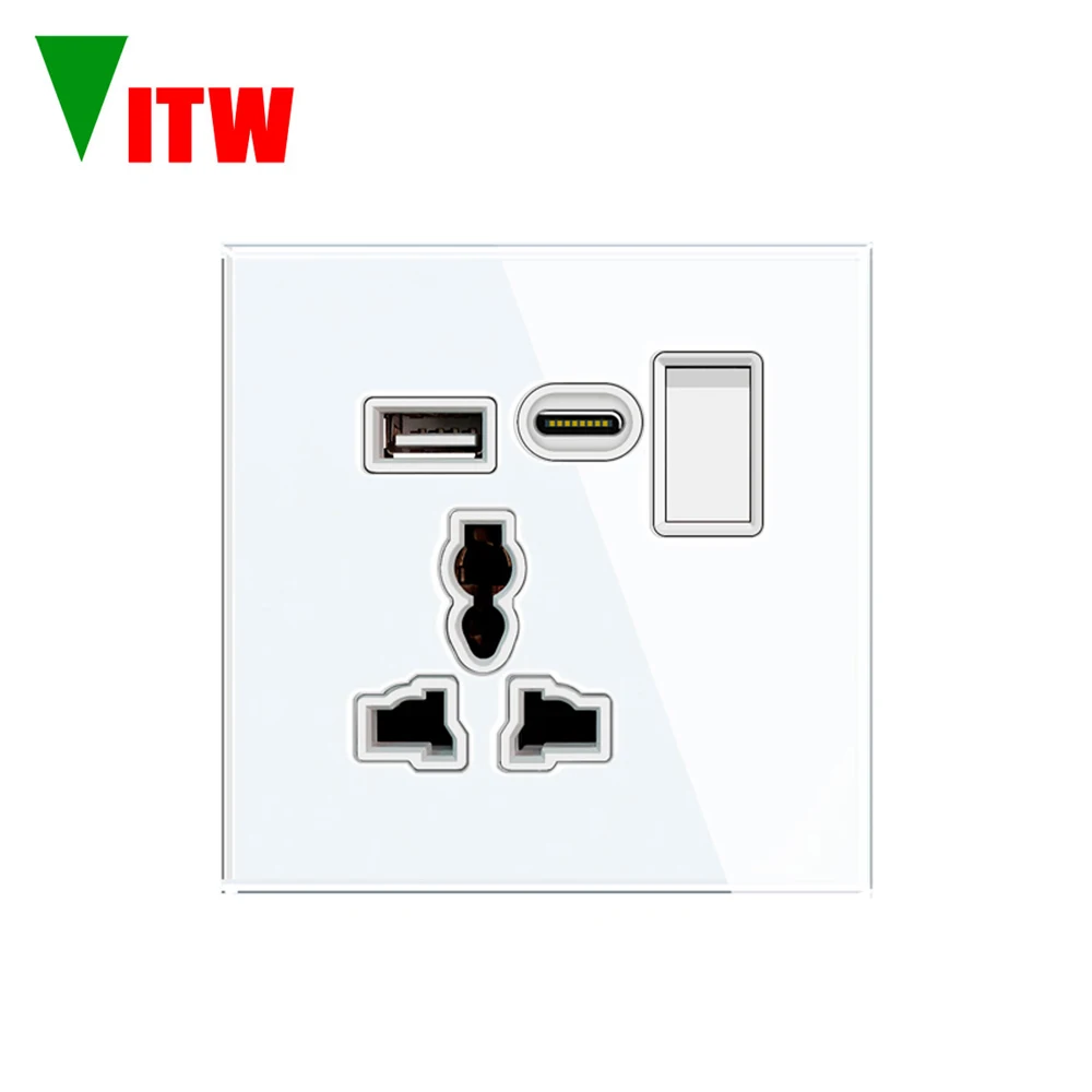 Vitw 13A UK 3-pin wall power outlet with switch, tempered glass panel, EU multi-function Type-C interface USB charging socket