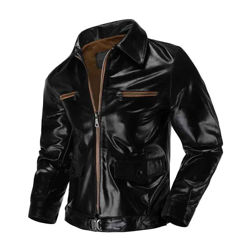 Hartman Classic Waxed First-Layer Cowhide Genuine Leather Jacket For Men, Slim-Fitting Lapel Short Fashion Air Force Flight Suit