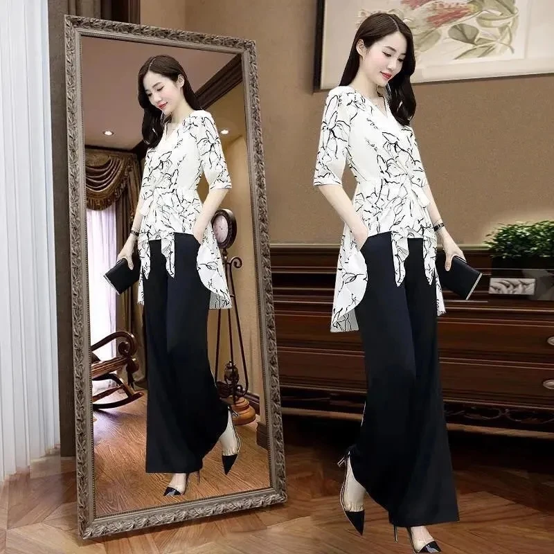 2 Piece Set Women Casual Fashion Printing Pants Suit Short Sleeve Tops +Wide Leg Pants 2 Piece Outfits Women White Set Summer4XL