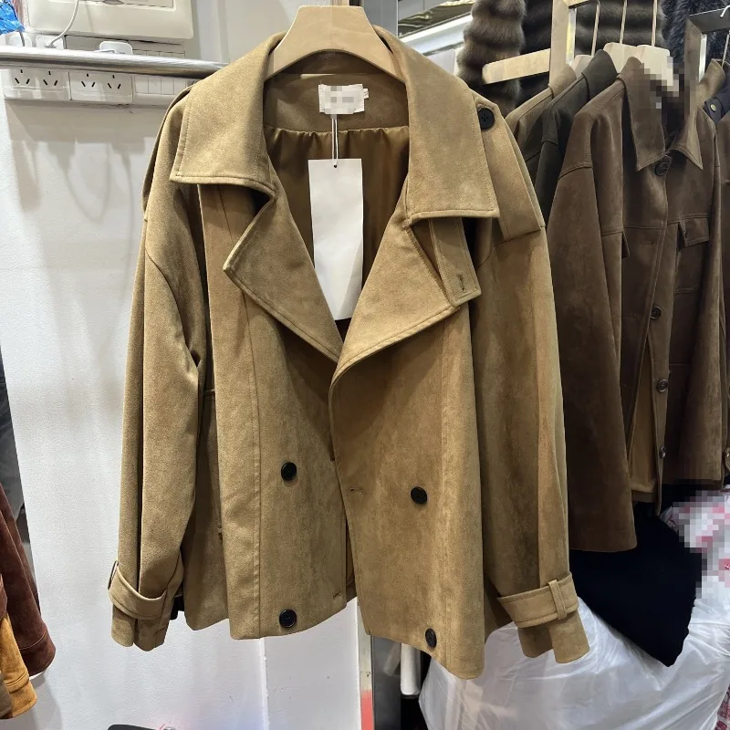 2025 Fall/Winter New Solid Color Jacket Spring and Autumn Loose and Versatile Retro Fashionable Suede Trench Coat Jacket