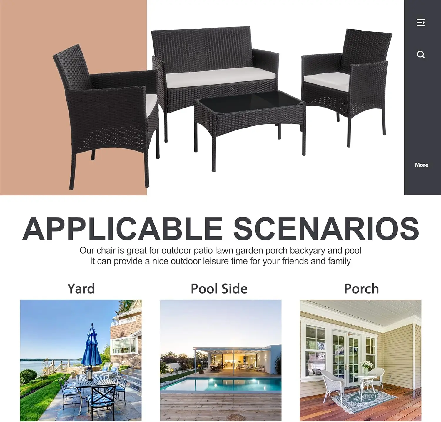 طقم أثاث خارجي مكون من 4 قطع مع كراسي خوص وطاولة قهوة زجاجية للحديقة أو بجانب حمام السباحة