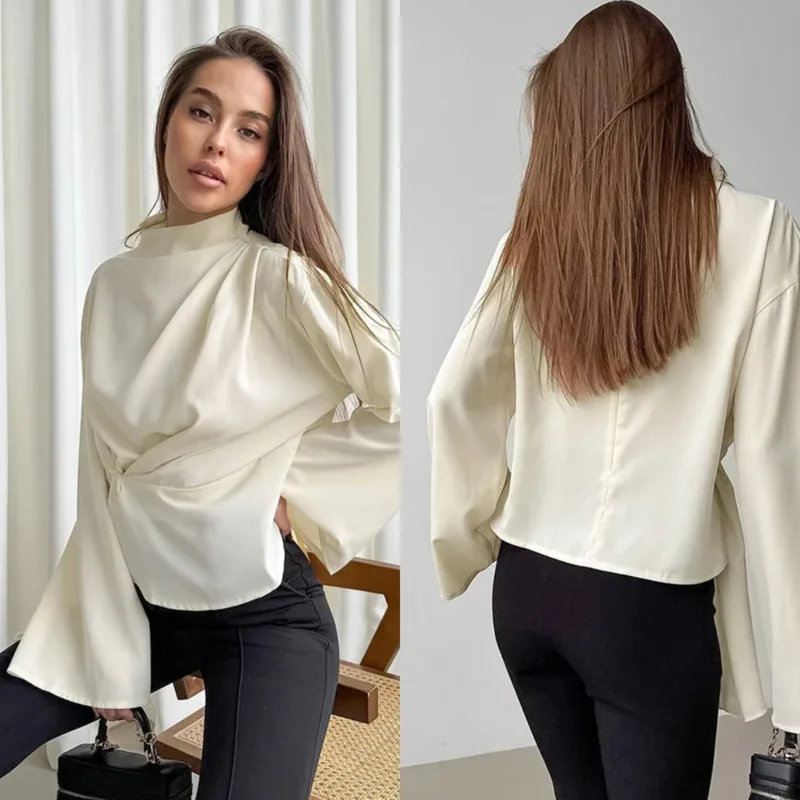 

Chiffon Shirt For Women Fashion Pleated Long Sleeve Round Neck Pullover Casual Office Lady Elegant Blouse Stylish Tops For Work