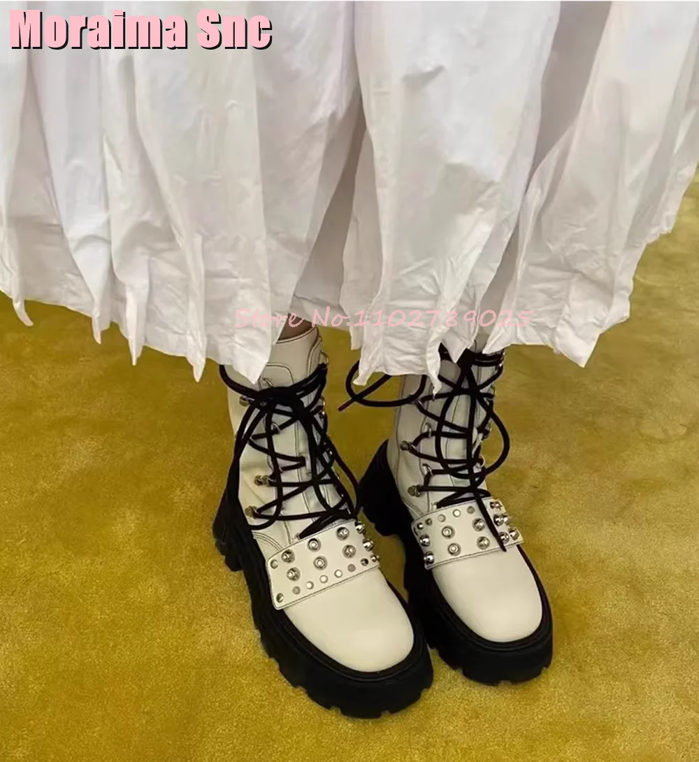 

Rivets Lace Up Thick Sole Ankle Boots Round Toe Block Heeled Side Zipper Fashion Autumn Winter Boots Women Shoes White Solid New