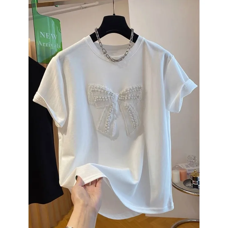 Women's Elegant Pearl Embroidered Bow T-Shirt with Crystal Accents - New Arrivals Casual Oversized Top for Daily Wear or Style