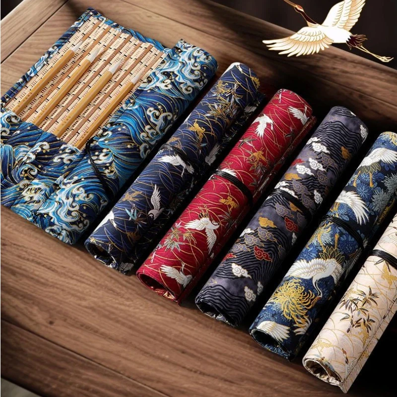 Chinese Traditional Style Calligraphy Brush Roll Curtain Fabric Ink Brush Storage Bag Portable Artist Sumi Drawing Pen Organizer