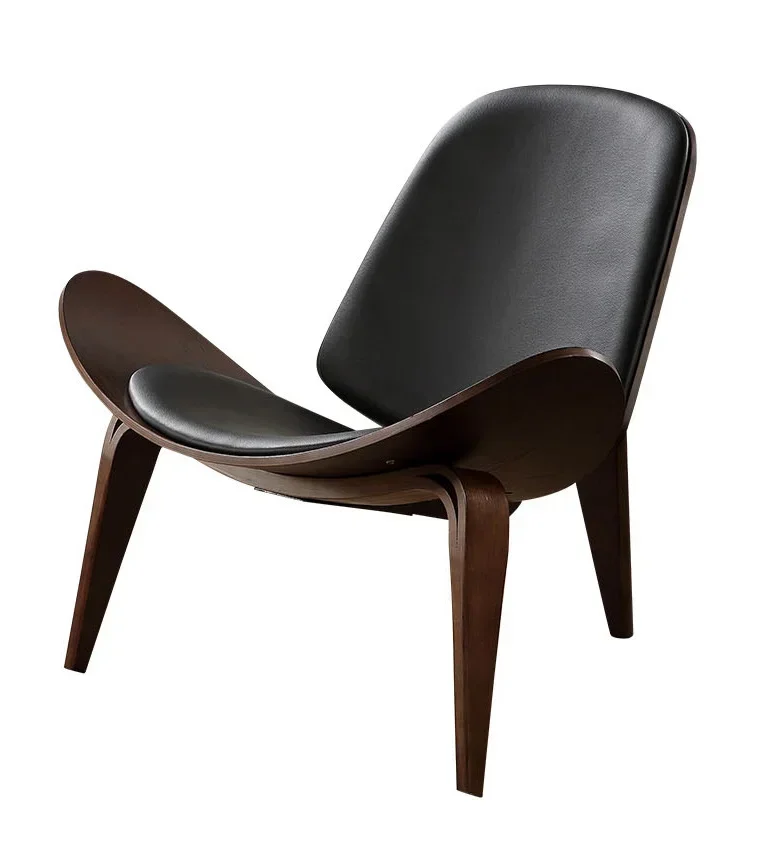 High-Quality Solid Wood Shell Chair - Three-Legged Ash Plywood, Black Faux Leather Living Room Furniture, Modern Leisure Chairs