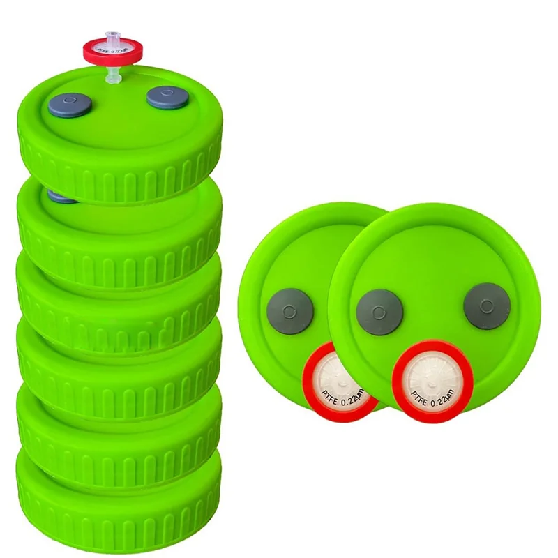 غطاء برطمان ميسون بلاستيكي واسع الفم (8 قطع)، مع فلتر حقنة PTFE 0.22Um ومنفذ حقن 20 مم، يتضمن أغطية الثقافة السائلة