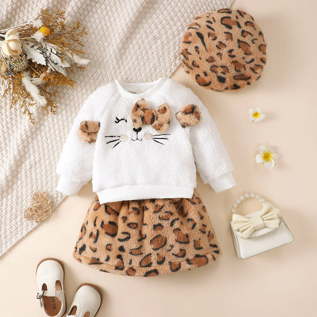 Winter 3PCS Baby Girl Clothes Sets Long Sleeved Plush Cute Top+Leopard Print Skirt+Hat Fashion Outfits for 0-3Years Toddler Girl