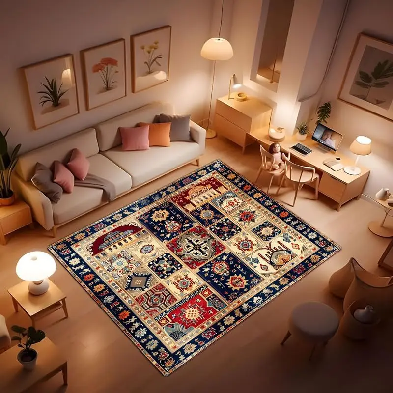 Country Bohemian Style Rug, Colorblock elk Rug, Retro Nordic Country Style Printed Rug, Non-Slip, Very Suitable for Entrance