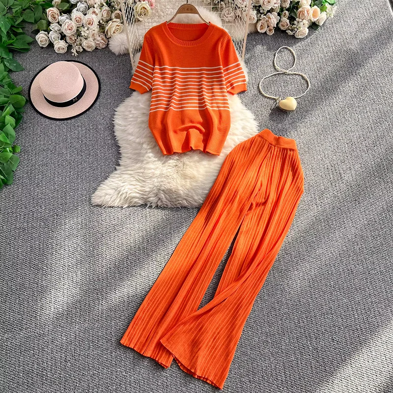 

Summer Women's Set New Casual Striped Short Sleeve T-shirt+Elastic High Waist pleated pant Knit 2-piece Set Wide Leg pants Suit