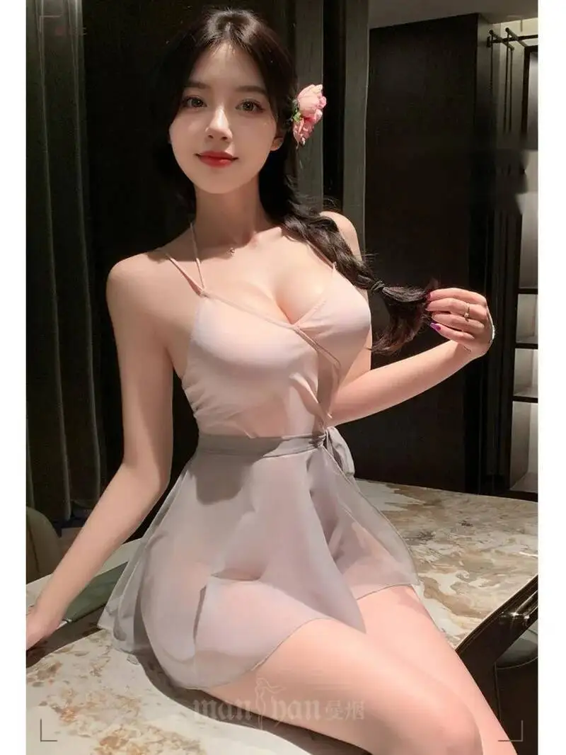 Sexy Weibliche Tiefem V-ausschnitt Hängenden Hals Romantische Urlaub Schritt einteiliges Spitze Up Nachthemd Uniform Kleid Elegante Süße tops EX0D