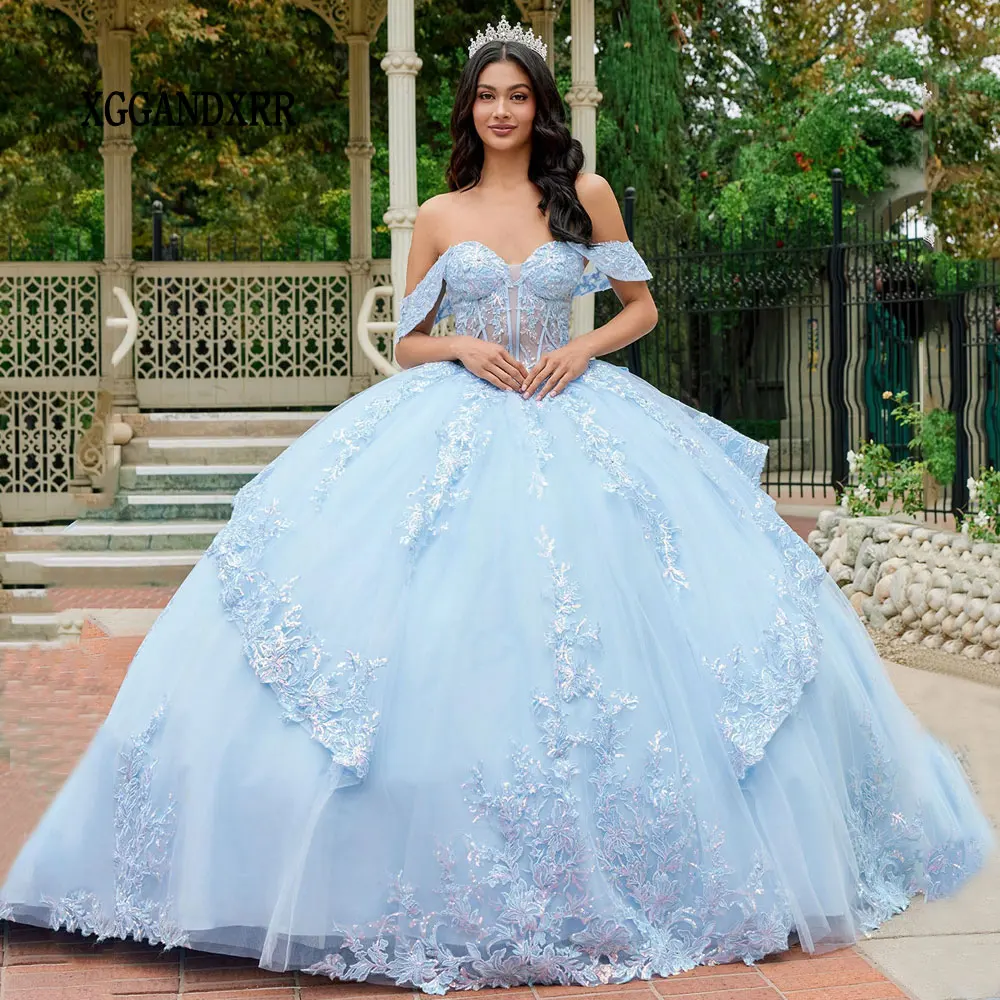 

Customized Sky Blue Ball Gown Quinceanera Dress 2026 Elegant Off Shoulder Applique Sweet 16 Birthday Party Gown Vestidos De 15
