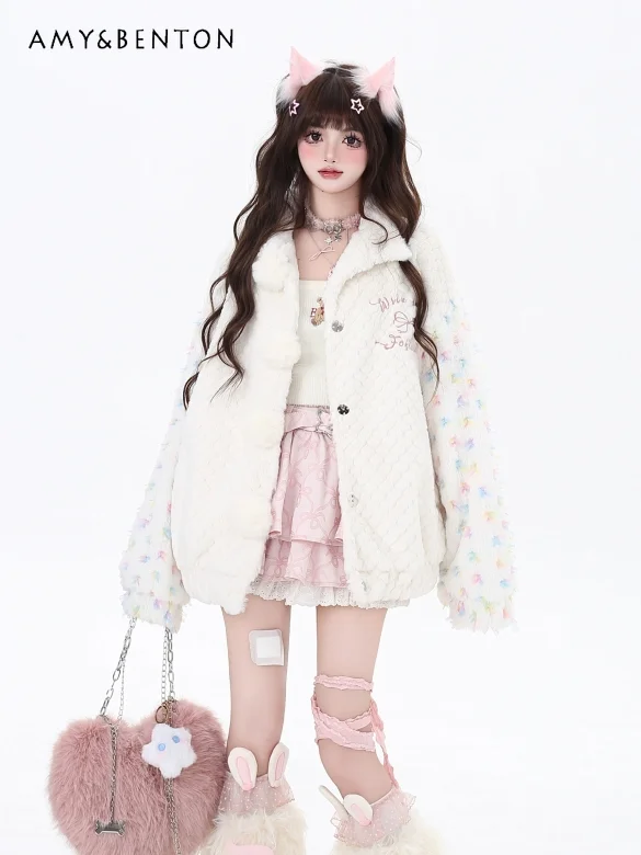 

Sweet Cute Girl Colored Polka Dot Printed Plush Coat Autumn Winter New Preppy Style Kawaii Warm Thickened Fashion Loose Jackets