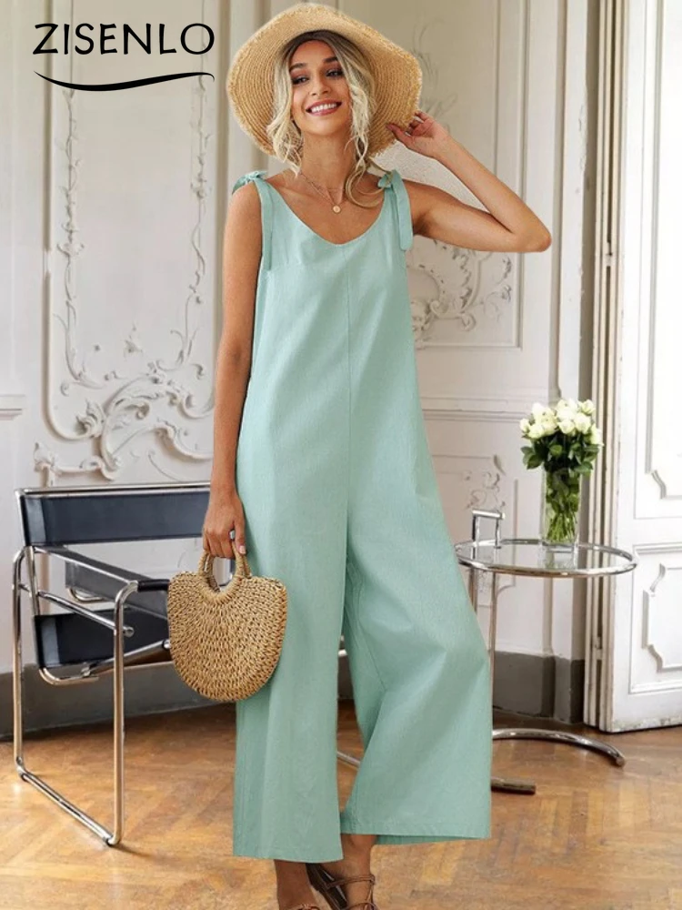 Elegant Jumpsuit Women Summer Fashion Straps Loose Straight Solid Color One-piece Back Pants One Pieces Full Length for Women