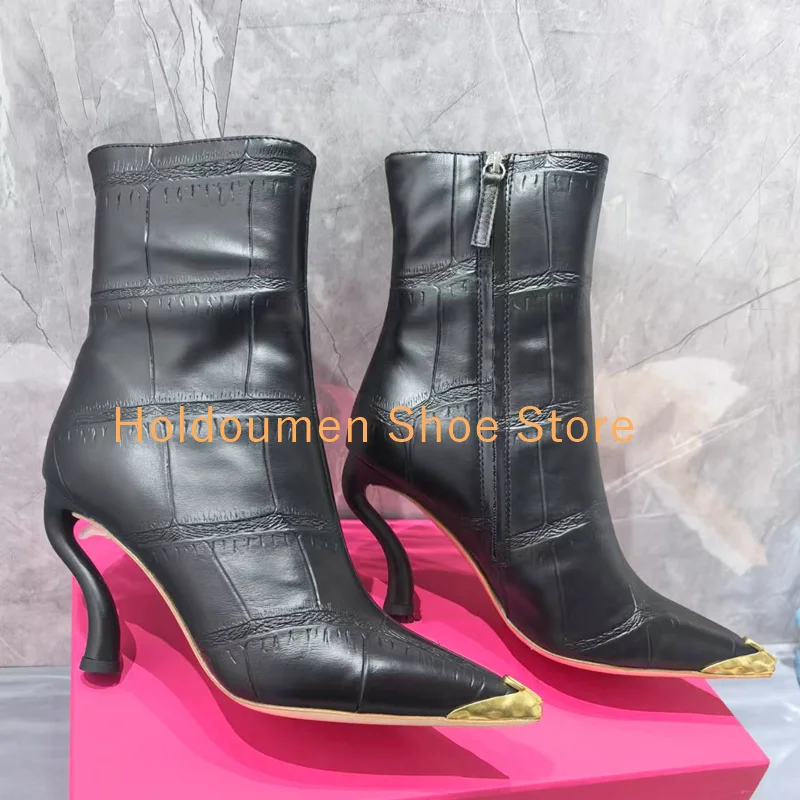 Women's Brown Suede Sexy S-Shaped Heel Ankle Boots Pointed Toe Metal Keyhole Decor Black Genuine Leather Side Zip Short Boots