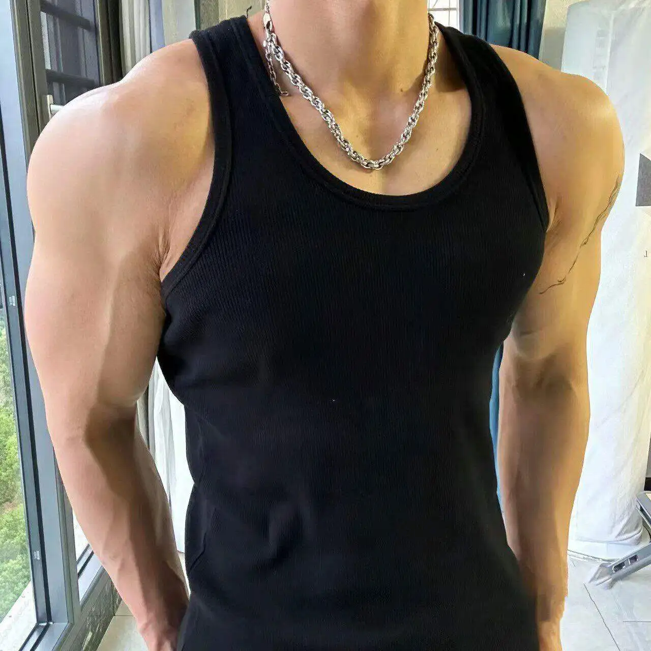 Men's Fitness Tank Top round Neck Large Size Quick Dry Muscle Training Breathable Sweatshirt Pure Thickened Elastic Thread