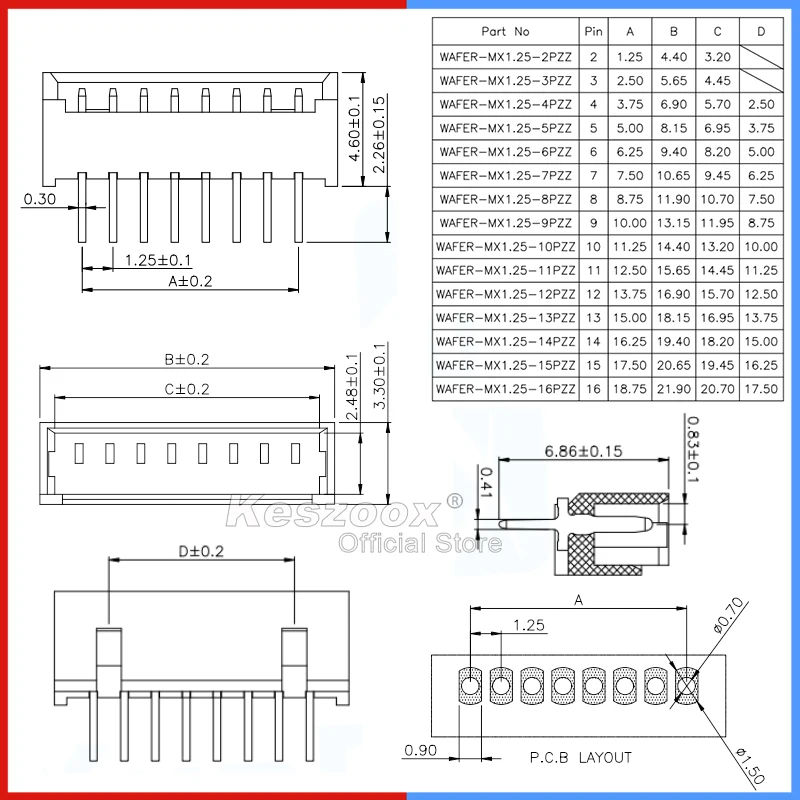 Tcenofoxy Molex Connector 1.25mm Pitch Vertical 53047-02/03/04/05/06/08/1060 Terminals SMD Header Connector Wire Adaptor