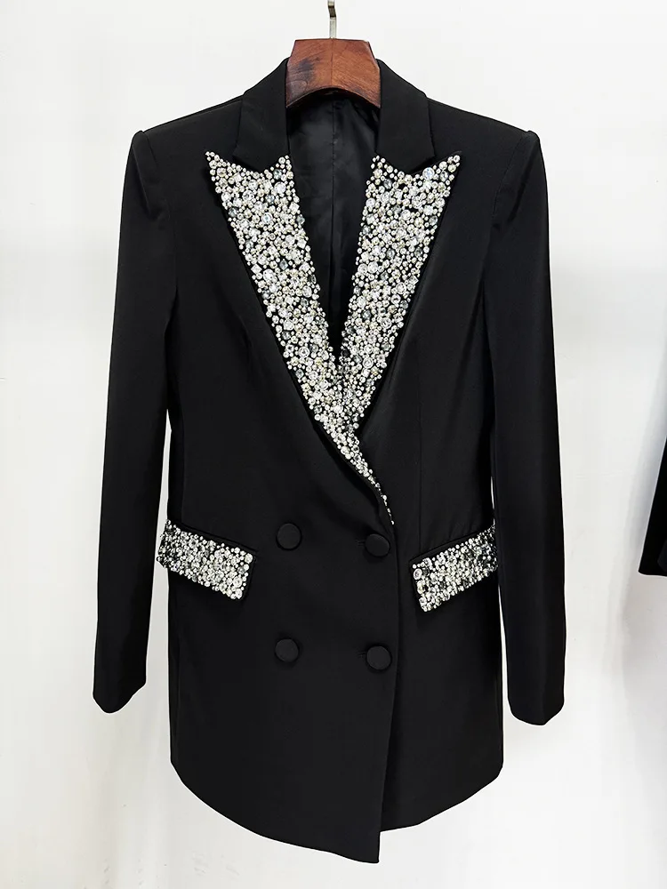 VGH Solid Patchwork Diamonds Elegant Blazers For Women Notched Collar Long Sleeve Spliced Button Temperamnet Blazer Female New