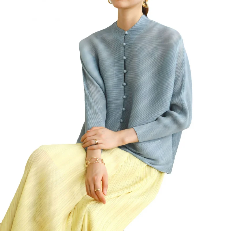 Miyake Autumn and Spring High-end pleated stand-up collar Long-sleeved large-sized loose single-breasted casual Top [2066]