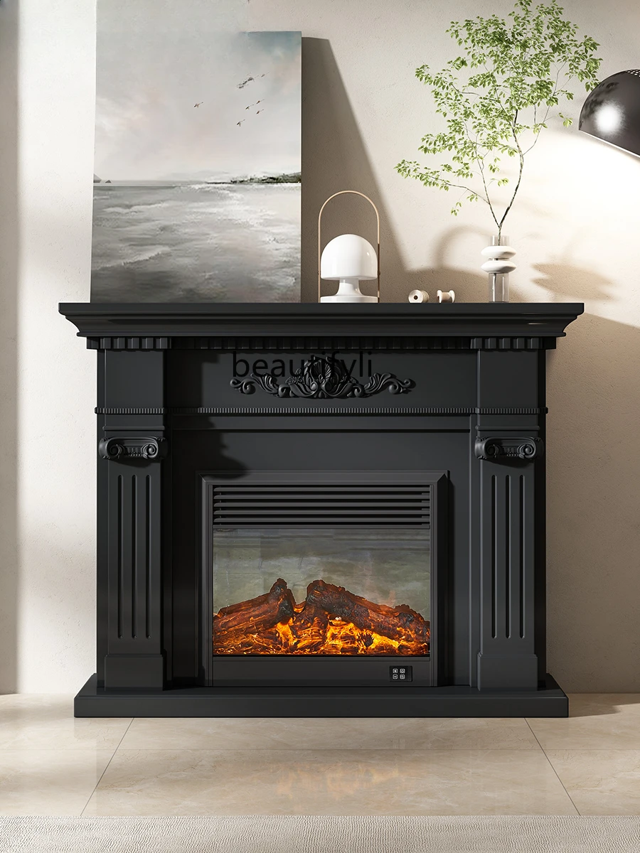 American-Style Black Electronic Heating Fireplace Minimalist Curio Cabinet Simulation Flame Living Room Wall Cabinet