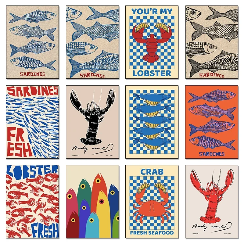 Funny Sardine Abstract Canvas Prints Poster Lobster Crab Fish Ocean Animal Vintage Japan Art Prints Kitchen Wall Art Home Decor