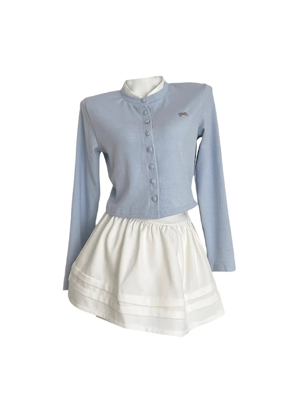 Blue Knitted ort Open Cardigan And High Waist Cake Skirt Set Soft Cozy Feel Patchwork High Ne Slimming Effect Faion Set