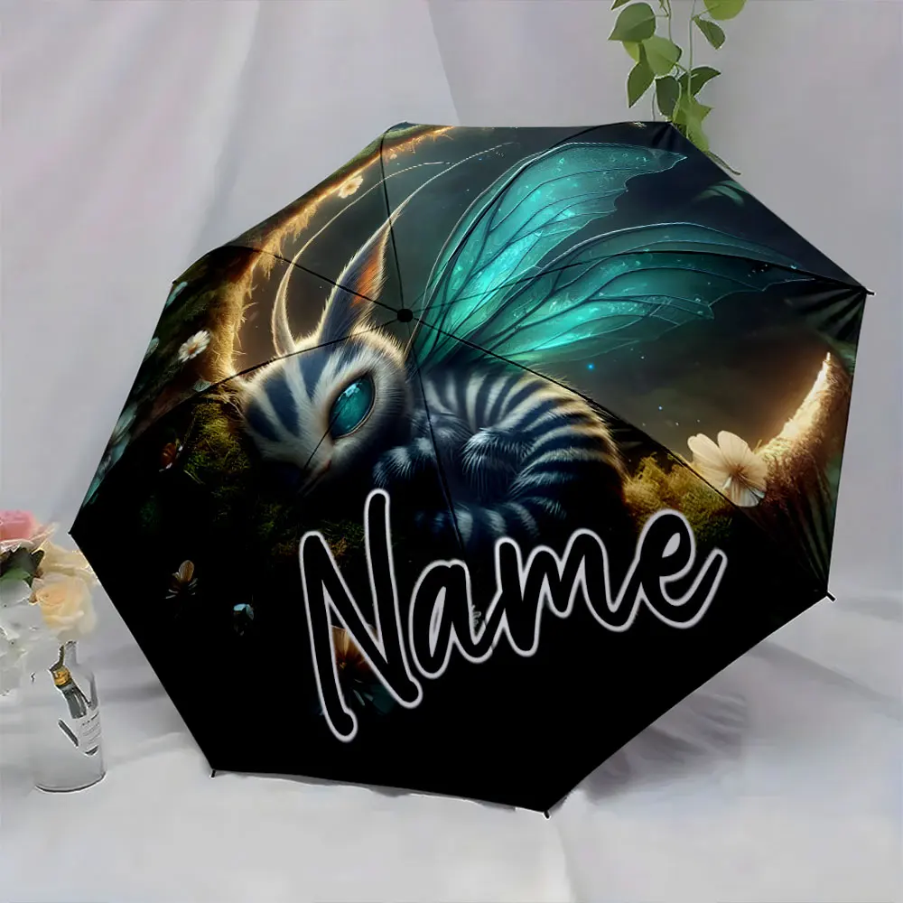 Custom Name Fantasy Creature with Glowing Wings on Umbrella Design 8 Iron Ribs Folding Umbrella Auto-Open Fashion Sunshade