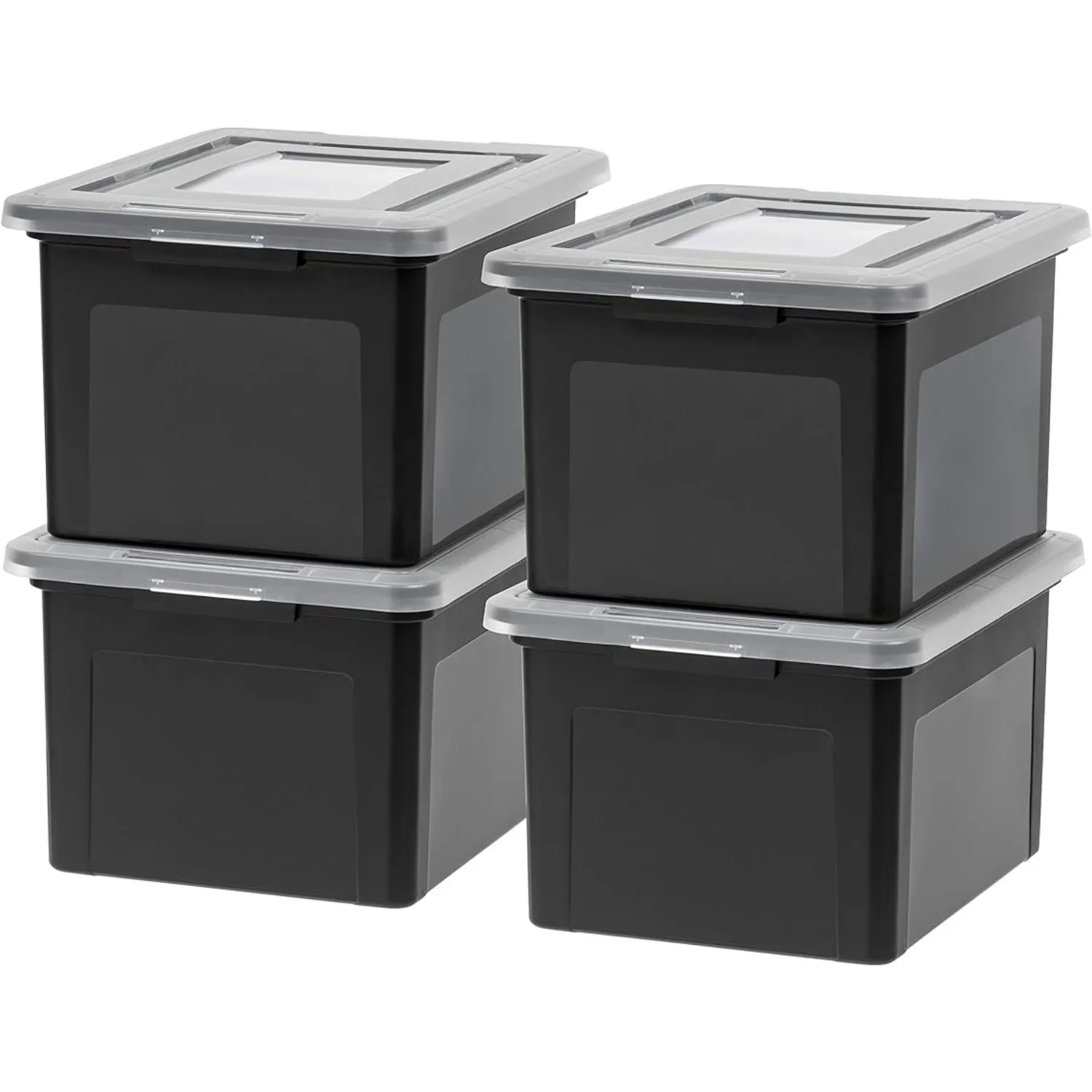 

File Tote Box, 4 Pack, BPA-Free Plastic Storage Bin Tote Organizer with Durable and Secure Latching Lid, Stackable and Nestable