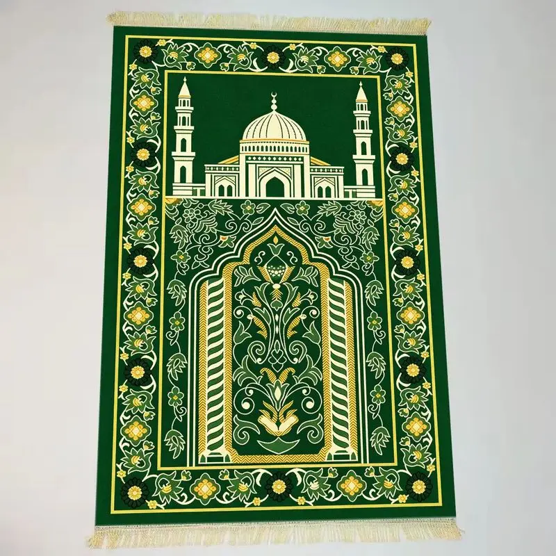 VIKAMA Velvet Islamic Salat Mat Green Mosque Dome Minaret Floral Pattern Portable Anti Slip Prayer Rug Eid Home Gift