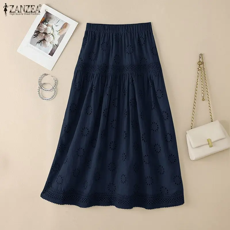 ZANZEA Women Bohemian Hollow Out Embroidered Long Skirts Elastic High Waist Lace Patchwork A-Line Skirt 2026 Summer Jupes Femme