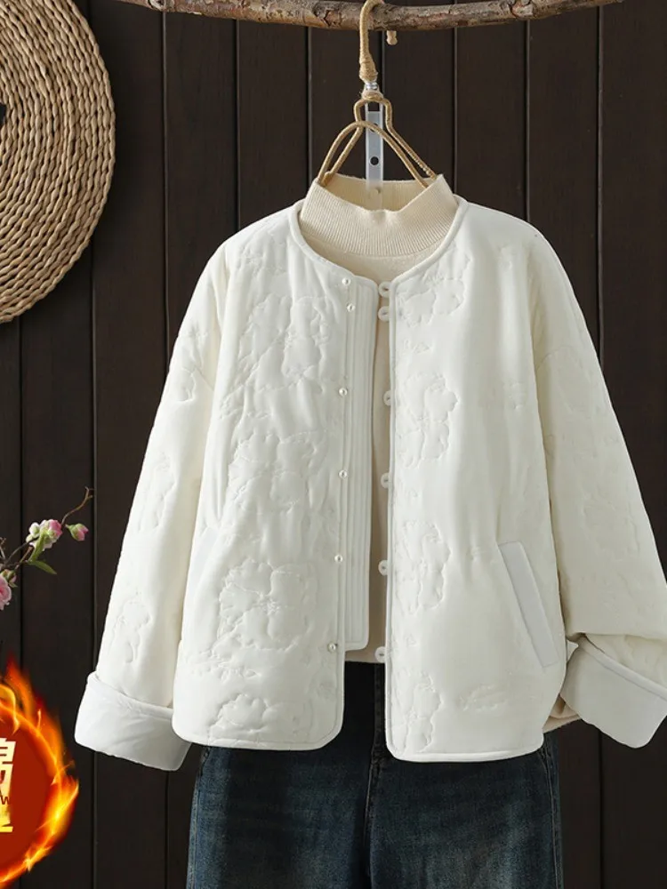 

New Chinese Style Embroidered Design Cotton Jacket Women's Winter Lightweight Color round Neck Casual Short Cotton Coat