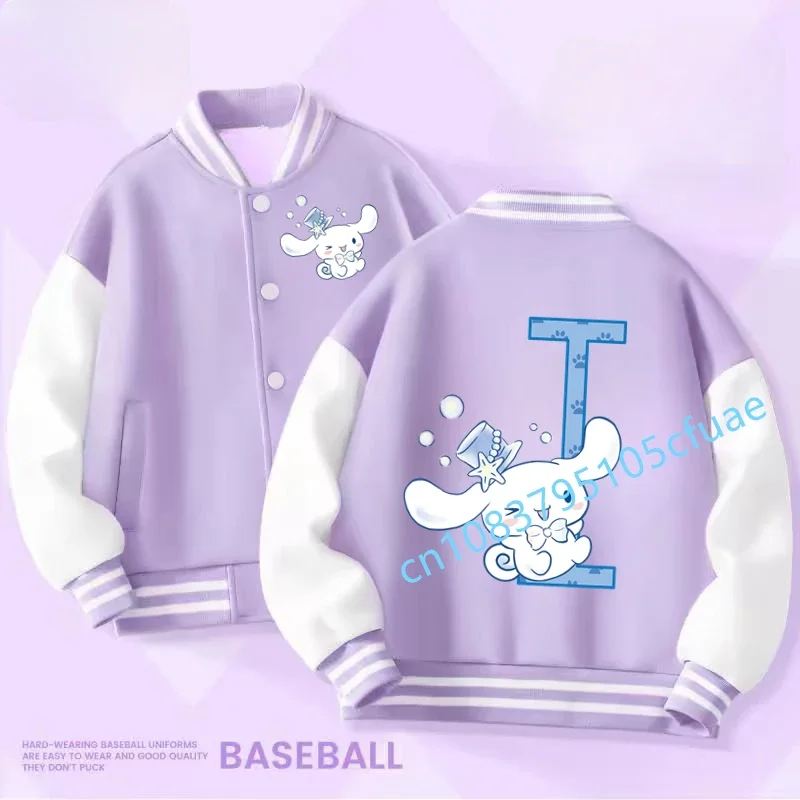 

Kawaii Jacket Anime Cartoons Boy Kids Hoodie Casual Coat Sanrio Cinnamoroll Children Baseball Uniform Letter A-Z Girls Clothes