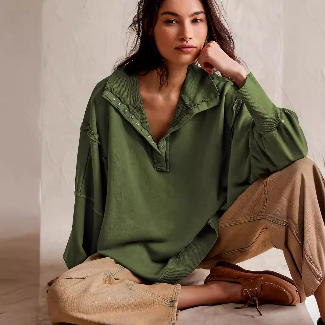 

Women's Casual Y2K Long Sleeve Solid Color Street Sweatshirts 2025 Winter Fashion Style Turn Down Collar Female Loose Top