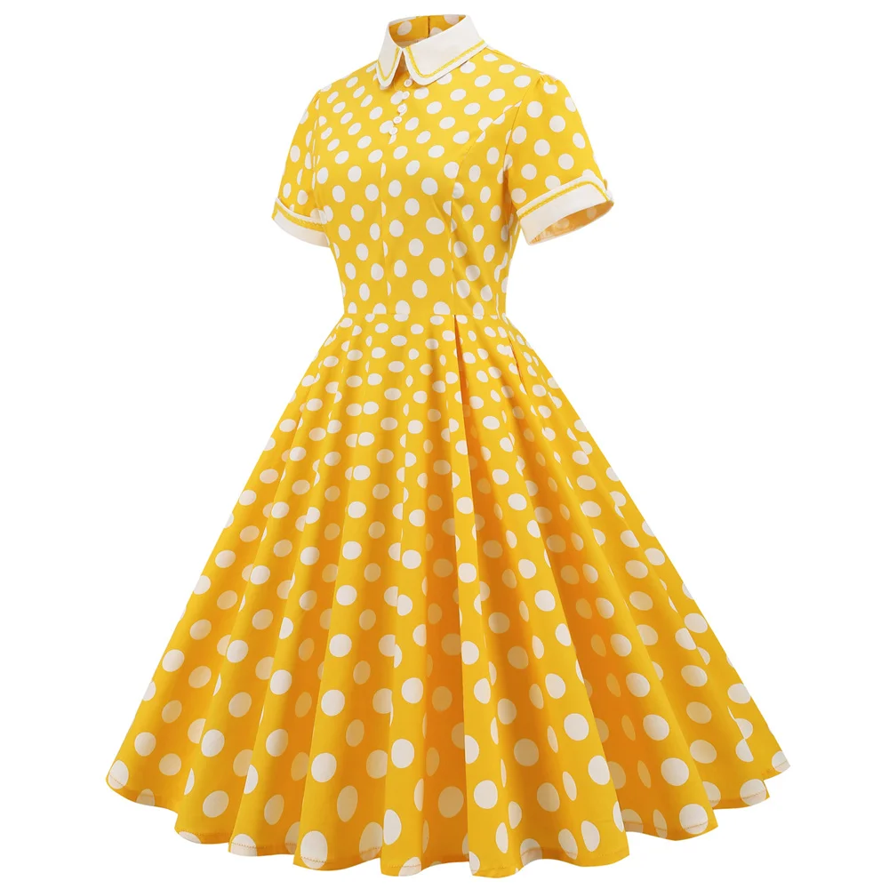 Women Vintage Yellow Polka Dots Dress With Pockets Retro 2023 Rockabilly Cocktail Party 1950s 40s Swing Dress Summer Dress