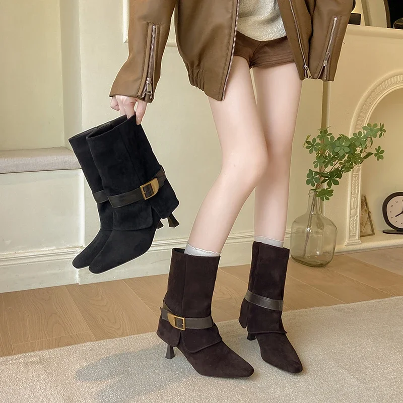 YUYIN Woman Pointed Toe 2027 Trend Winter New Goth Walking Snow Chelsea Ankle Boots Women Chunky Mid Heels Suede Shoes
