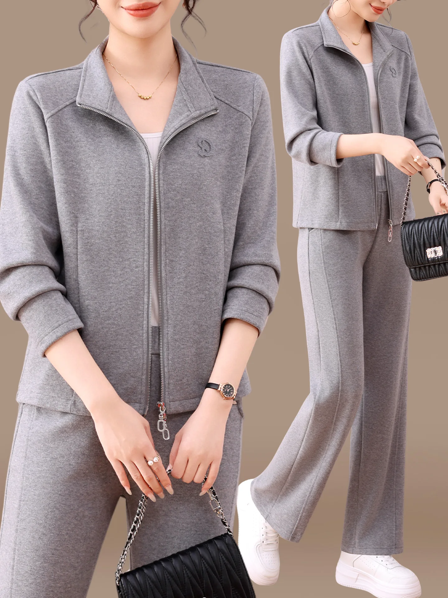 

Chic Sportswear Set for Mom Autumn New Sle Women's Casual Top Bot Two-Piece Suit Polyester Fiber Long Pants Regular Sve