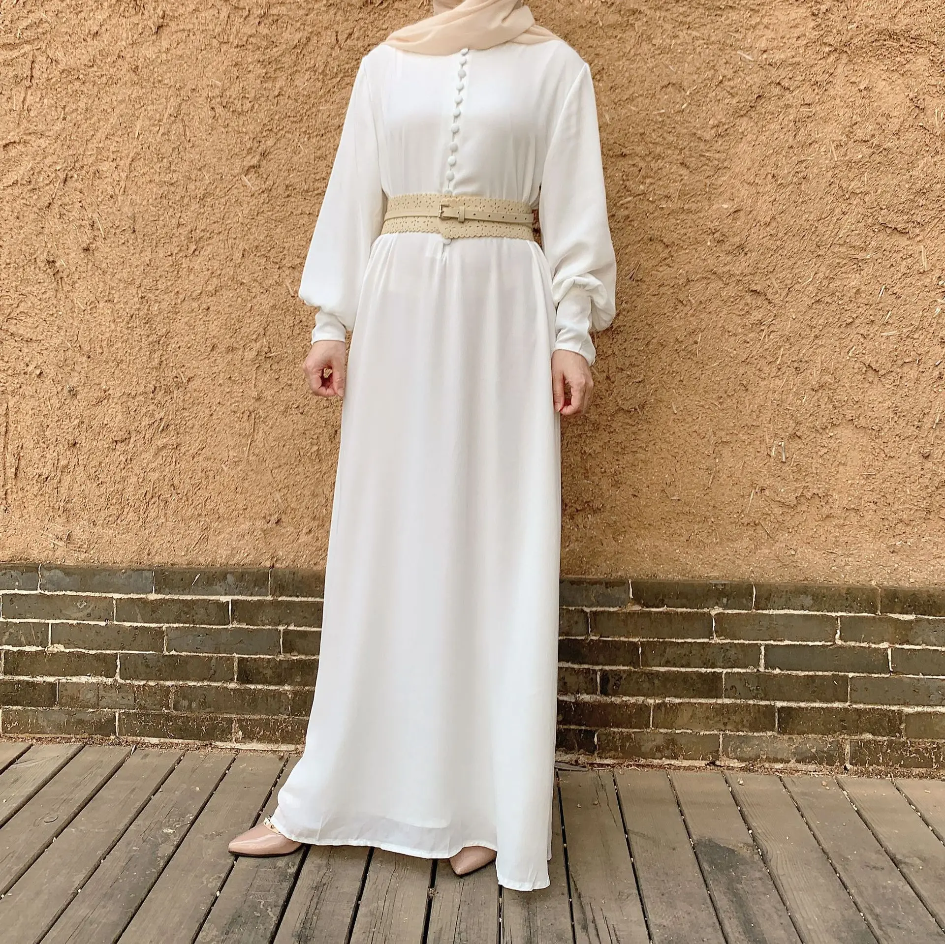 Eid Prayer Clothing Chiffon High Quality Muslim Abayas For Women Malaysia Turkey Islam African Dresses With Belt Summer Robe