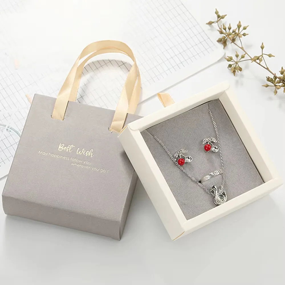 24PCS Chic Gray Drawer Paper Box With Ribbon Portable Jewelry Packaging Necklace Earring Ring Sliding Box Present Travel Scale