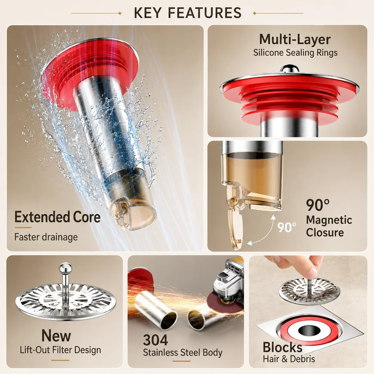 Stainless Steel Floor Drain Core 25mm 30mm Long Extension Tube Anti Odor Magnetic Backflow Preventer