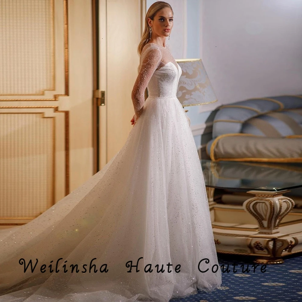 Sparkle Wedding Dresses Customized Full Sleeve V Neck Glitter Bridal Gowns Sweep Train Sequined Women Bridal Dress 2026