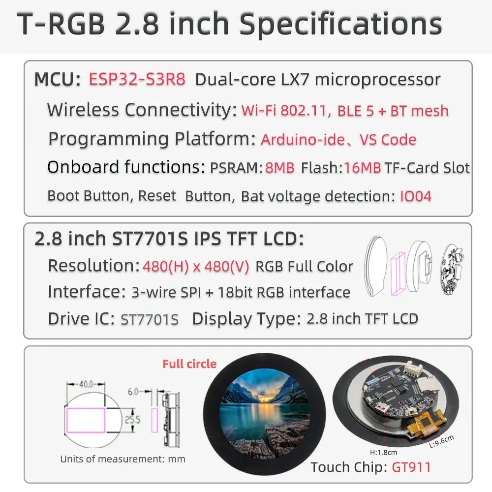 Плата разработки ЖК-дисплея TTGO T-RGB 2,1 дюйма/2,8 дюйма ESP32-S3 ST7701S IPS TFT ЖК-модуль полноцветный сенсорный экран