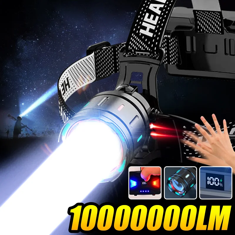 

10000000LM Most Powerful Headlamp 1000W LED Headlight Waterproof Zoomable Head Lantern With Induction Head Lamp Fishing Light