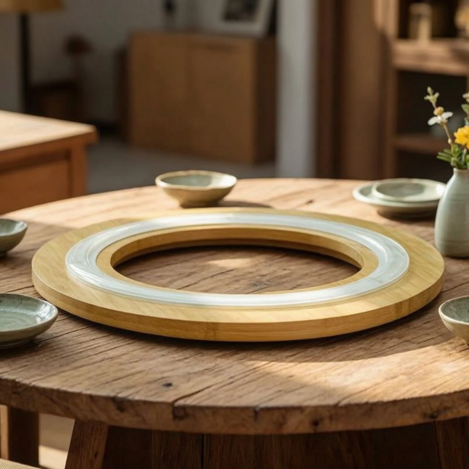 Circular Tray with Center Opening Natural Bamboo Serving Tray Wooden Platter Multifunctional Table Insert Slimline