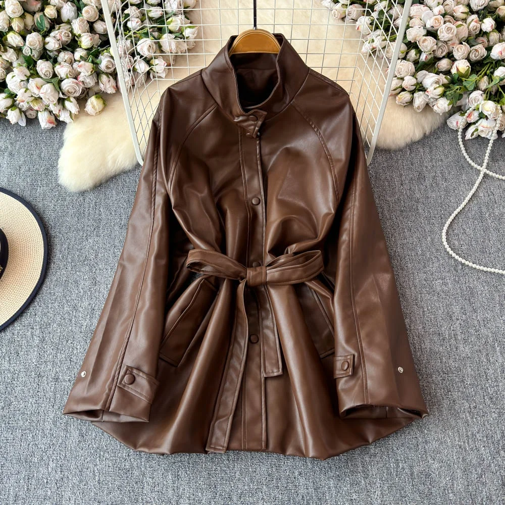 

Clothland Women Stylish PU Leather Jacket Loose Style Long Sleeve Sashes Stand Collor Trench Coats Mujer CB175