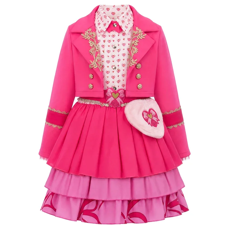 Disfraz de Cosplay de Bridget de Descendants Wicked Wonderland, Peluca Rosa, Falda con Volantes, Chaquetas, Camisa, Bolso de Corazón, Vestido Elegante para Mujer