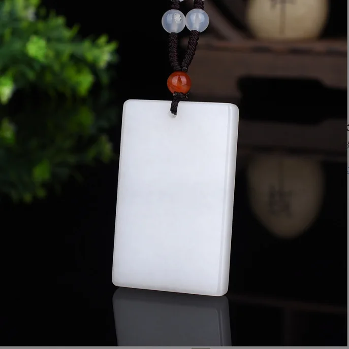 Genuine China Nephrite Stone White Hetian Jade Rectangular Blank Pendant Sweater Chain Necklace Men Women Lucky Charms Amulets