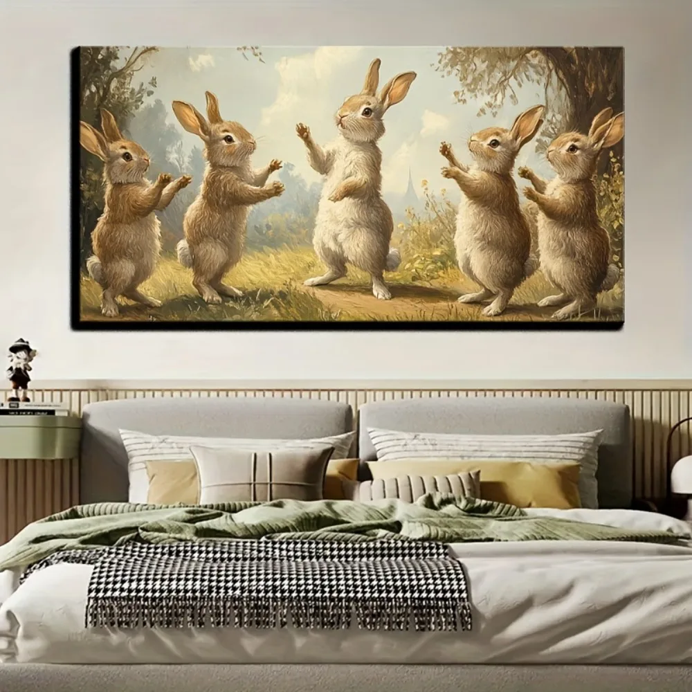 

Wooden frame rabbit canvas painting wall art printing poster wall decoration home gifts, 1.5 inch thick pine solid wood frame