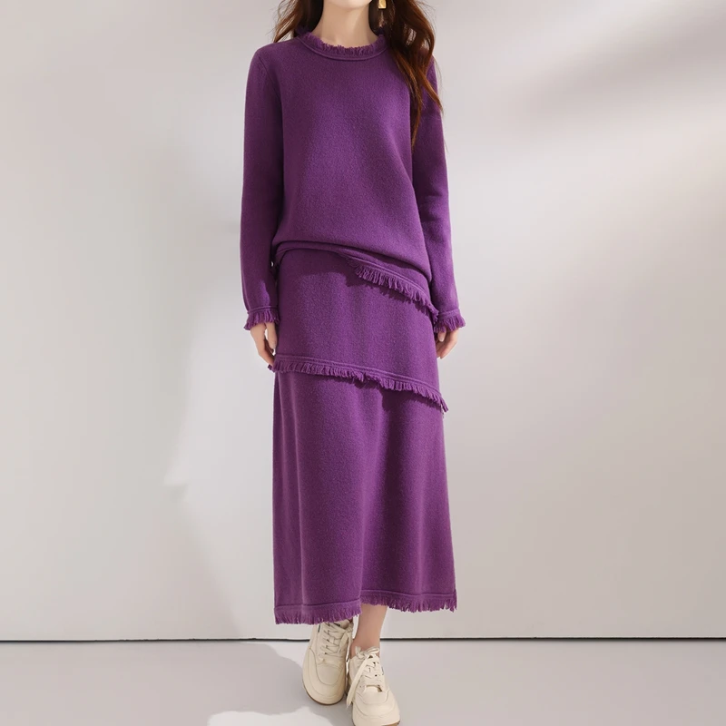 Autumn And Winter 100% Pure Wool Knitted Suit Women's Round Neck Pullover New Skirt Two-Piece Thickened