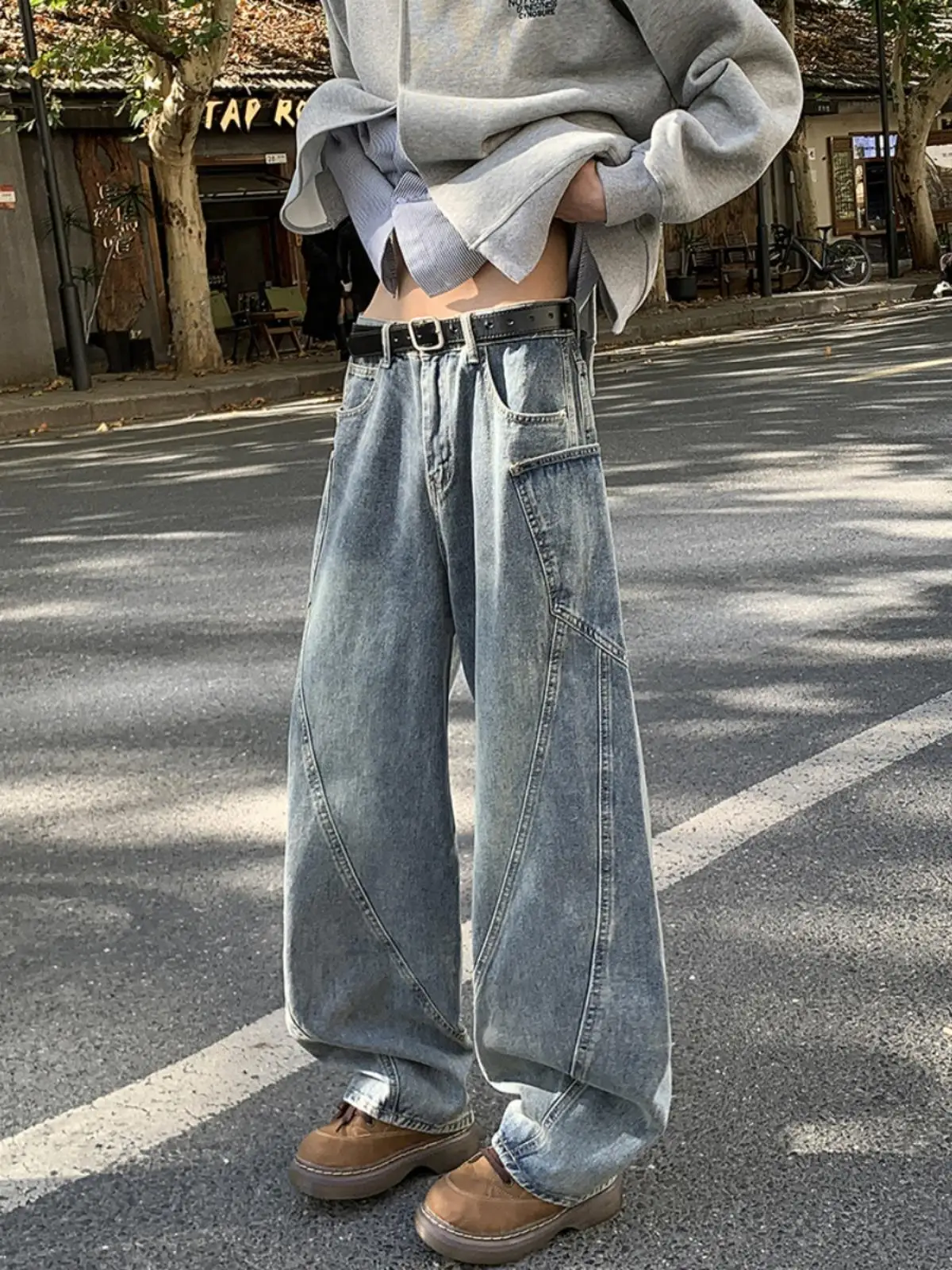 

Мужские винтажные джинсы свободного кроя с широкими штанинами, в стиле американского пэчворка, с эффектом потертости, модные повседневные молодежные джинсы для осени и зимы