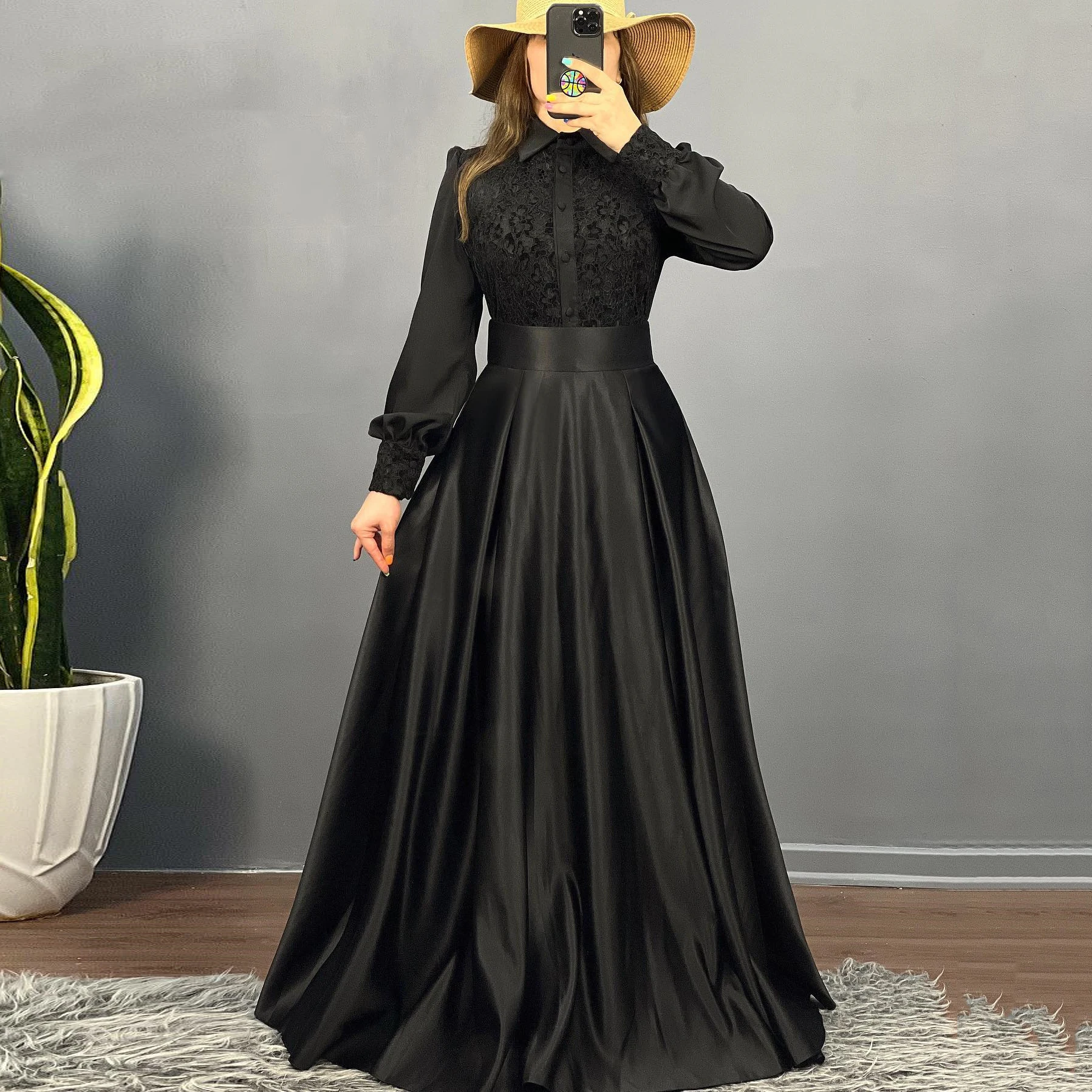 Bafftafe Modest Black Satin Prom Dresses Long Sleeves Lace Buttons Special Occasion Party Dress Women Evening Gowns Customized